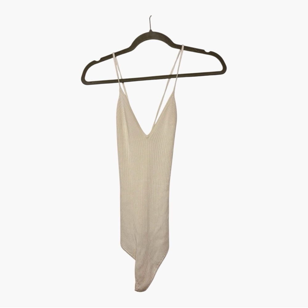 Abercrombie & Fitch Cream Ribbed Plunge Bodysuit Y2K Minimalist Medium